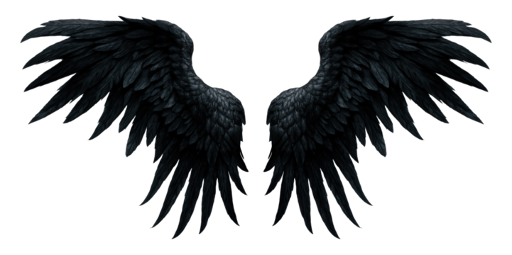 Majestic Black Wings with Intricate Feather Details and Graceful Contours, Perfect for Fantasy Creations or Artistic Expressions, Isolated on Transparent and White Background
