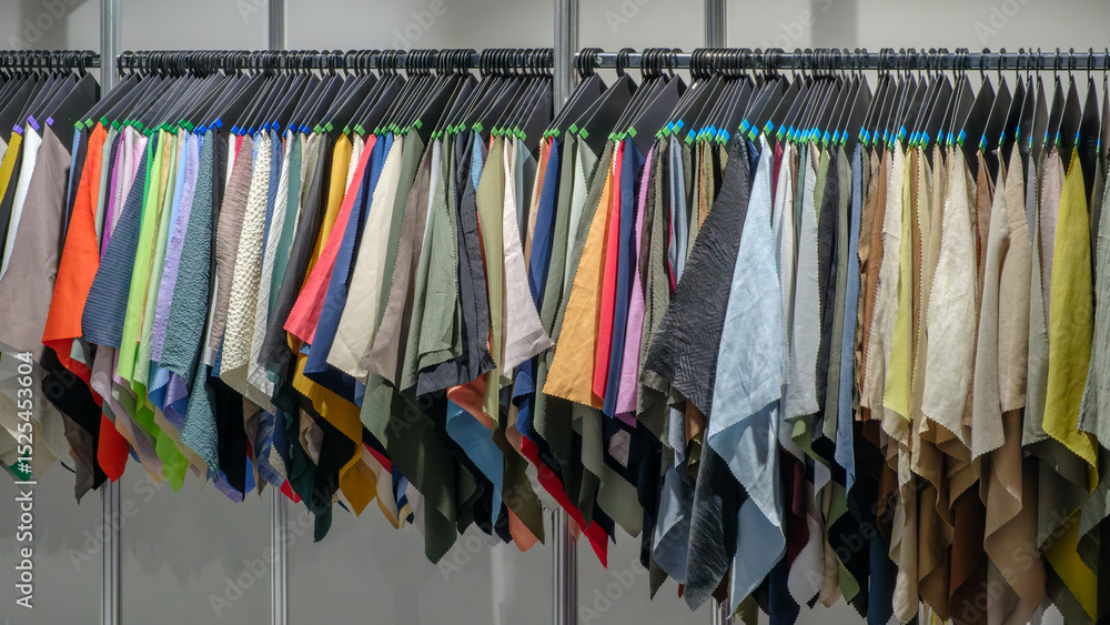 Poster rack of clothes with a variety of colors and patterns. concept of variety and abundance, with many d