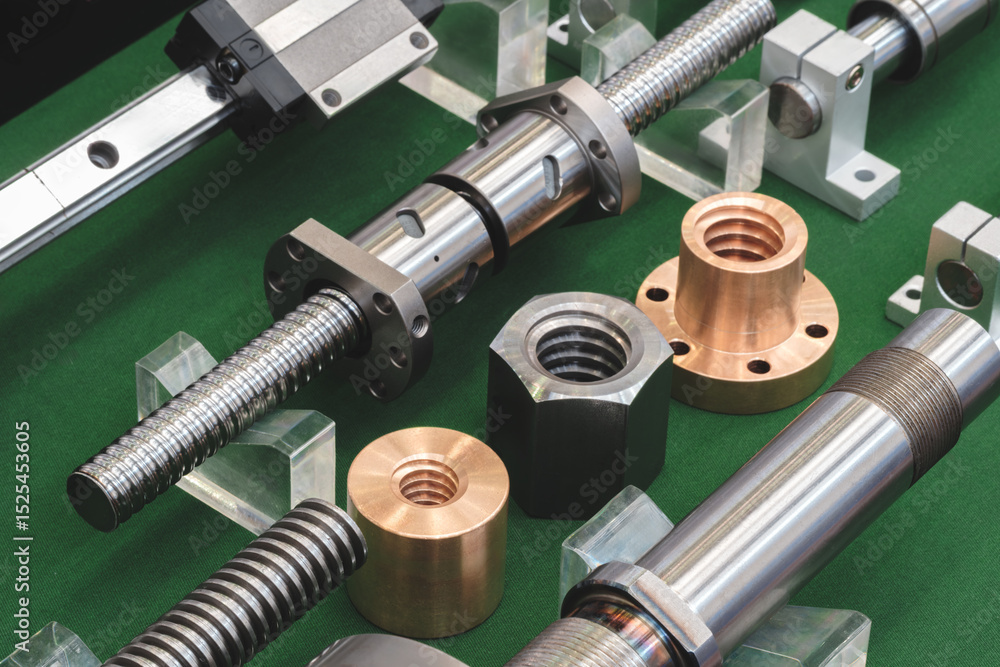 Aufkleber collection of gears and screws are displayed on a black background. concept of precision and technic