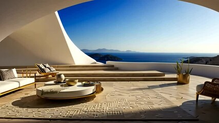 Modern living room with a coastal view, featuring lounge chairs on the beach and a rooftop, inviting summer travel and relaxation by the blue Mediterranean sea