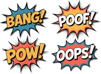 four dynamic comic book sound effect bubbles. Words like "BANG!", "POOF!", "POW!", and "OOPS!" are displayed in stylized bursts. 