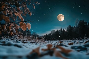 Moonlit winter landscape with snowy leaves under a clear night sky, Moonlit winter landscape with snowy leaves and clear night sky Winter night nature concept