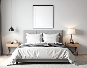 Minimalist bedroom with grey headboard white linens and framed art above the bed
