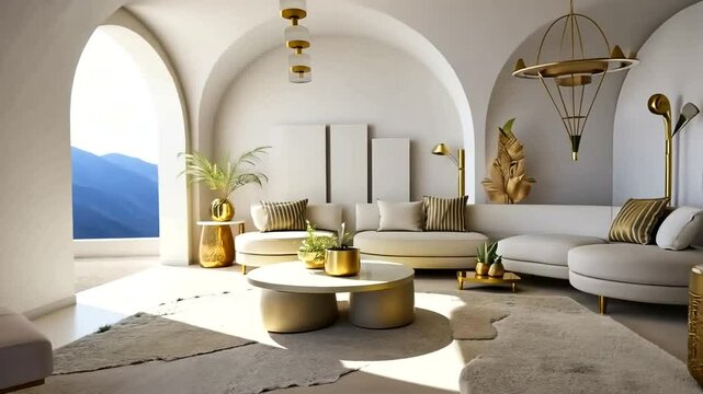 Elegant home interior design with classic Greek architecture, luxurious indoor furniture and ornate decorations