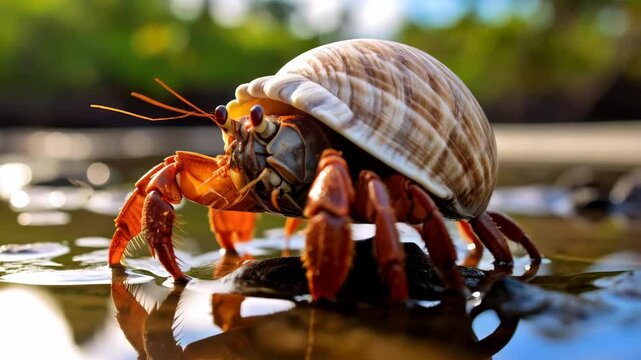 Macro shot of a hermit crab with orange legs and a striped shell walking on rocks in shallow water with blurred green background