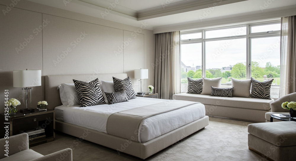 Poster a luxurious bedroom with a large bed zebra print pillows and a window seat with a view of trees