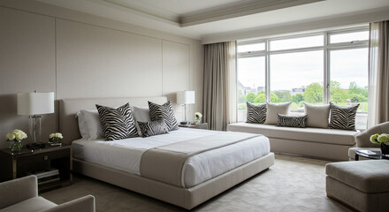 A luxurious bedroom with a large bed zebra print pillows and a window seat with a view of trees