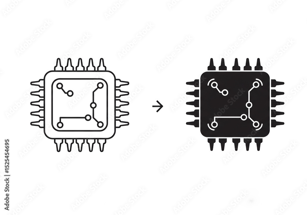 Poster two images showing a chip with circuit board design and an arrow pointing to the solid black chip