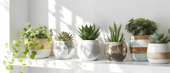 Succulent plants in ceramic pots on white shelf with natural light Trendy decor concept for wellness and interior blogs.