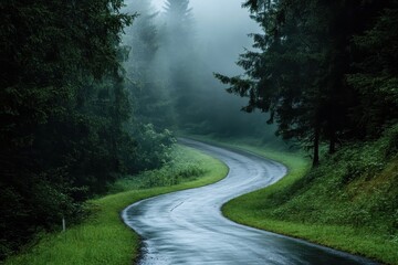 Winding wet road through misty lush green forest offers serene journey, Scenic, wet road winds through misty, lush, green forest