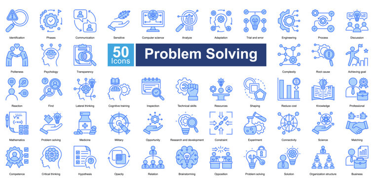 Problem Solving icon set contains 50 icons including, cognitive training, inspection, technical skills, resources, shaping, reduce cost, knowledge, simple vector blue style