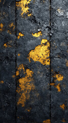 Grunge texture background featuring a blend of dark and golden tones. Aged, distressed surface with rough, weathered patterns. Ideal for vintage design, abstract art, or dramatic visual projects.

