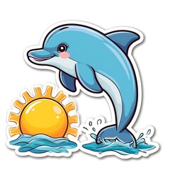 Dolphin playing in the water with a ball and fish waves, the sun is shining, children's cartoon illustration sticker on a white background
