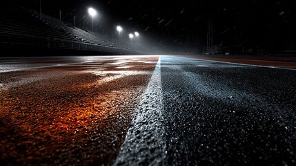 Dark Wet Asphalt Road at Night with Reflective White and Orange, white and black Lines – Moody Urban Street Photography