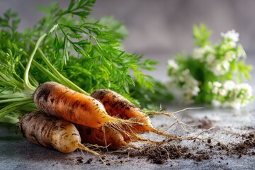 Obraz premium Freshly harvested carrots with green tops, resting on a textured surface, surrounded by soil and delicate white flowers, showcasing organic produce and natural beauty.Harvest