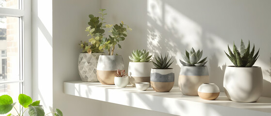 Succulent plants in ceramic pots on white shelf with natural light Trendy decor concept for wellness and interior blogs.