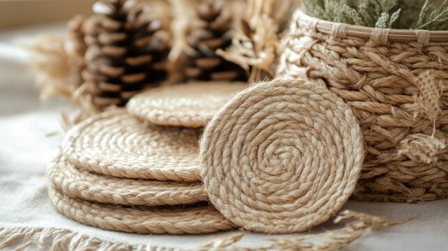 Handcrafted Jute Coasters and Basket: Rustic Elegance