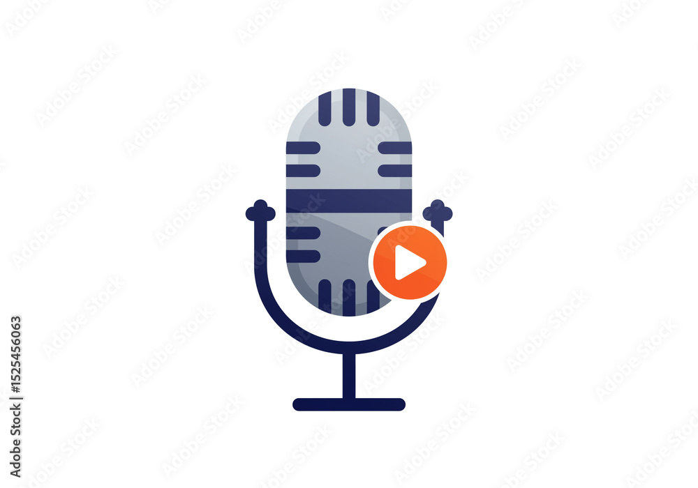 Poster illustration of a microphone with play button for podcasting and audio visual content creation