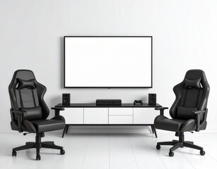 Minimalist gaming setup featuring black chairs blank screen TV and sleek console table