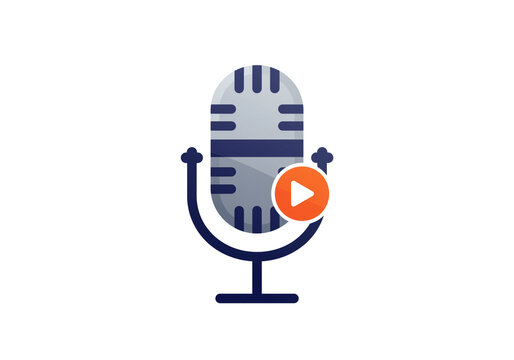 Illustration of a microphone with play button for podcasting and audio visual content creation