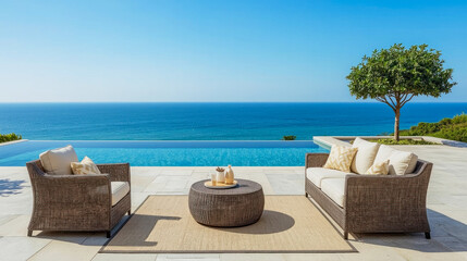 Relaxing terrace overlooking the ocean with stylish furniture and a tranquil atmosphere