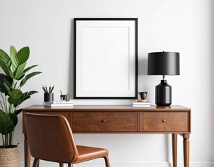 Minimalist home office setup with blank frame desk lamp plant and chair