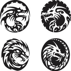 Fototapeta premium Four stylized dragon heads in circular designs black and white vector