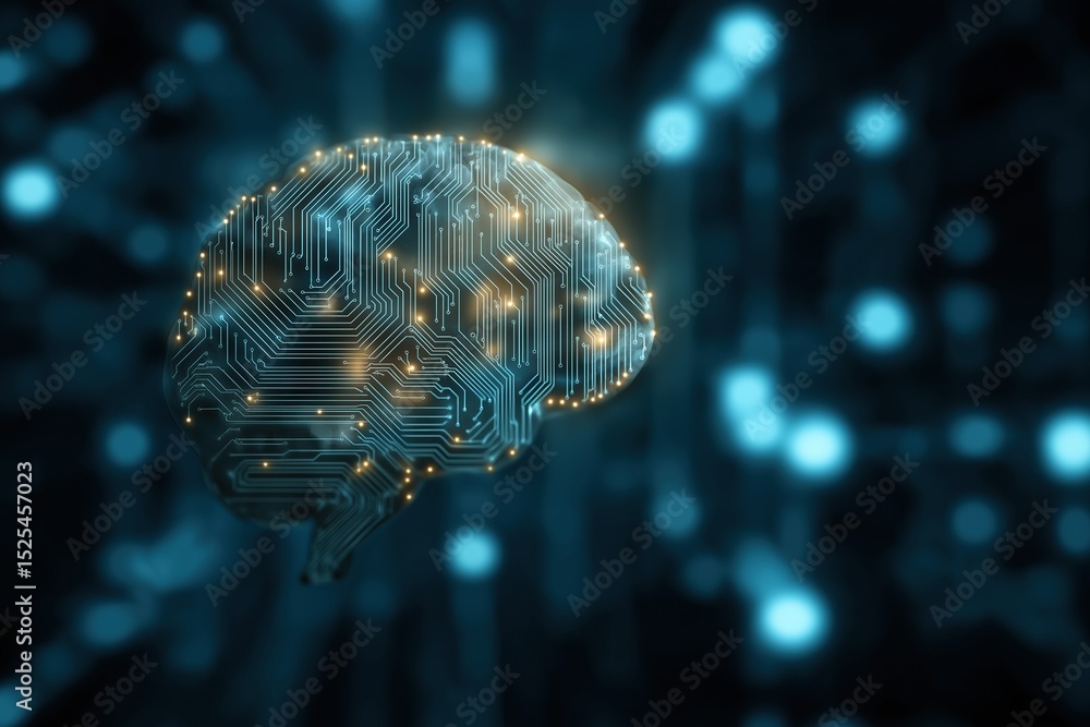 Poster digital brain with circuitry and glowing nodes on a blue abstract background
