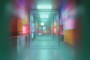 Futuristic neon tunnel with blurry illuminated panels and abstract lighting effects