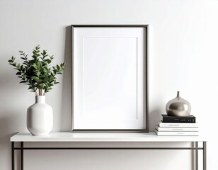 Minimalist Interior Decor with Blank Frame Vase Books and Metallic Orb