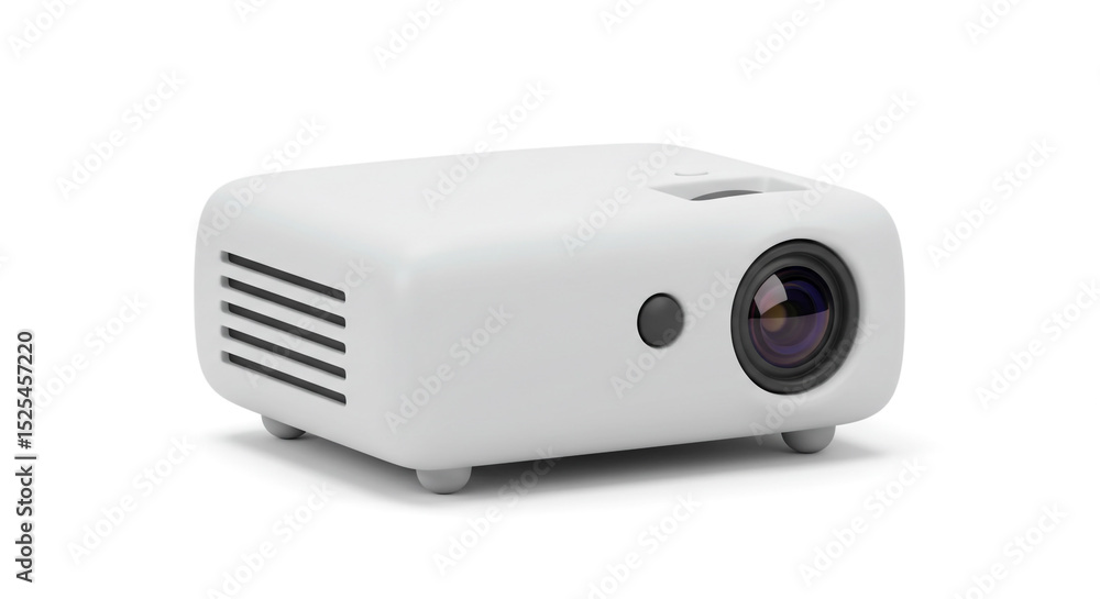 Poster a close up shot of a small white projector on a white background in a studio setting with soft light