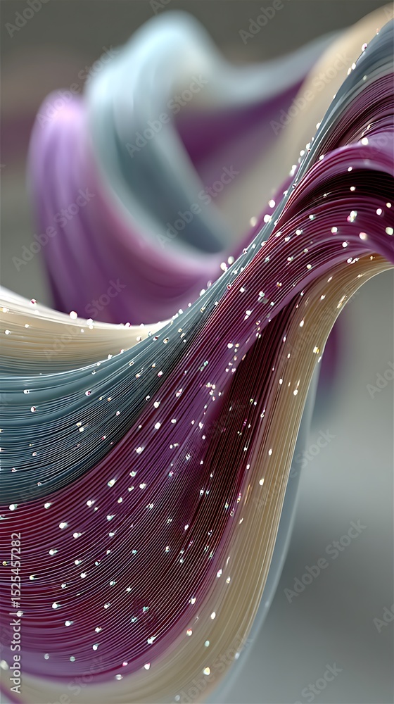 Poster abstract flowing lines with sparkling particles, gentle curves, and serene colors, creating an elega
