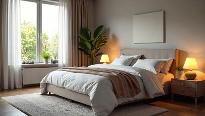 Serene bedroom interior, promoting relaxation and healthy sleep Soft lighting, calming colors, and comfortable bedding create a peaceful sanctuary , sleep, blanket, comfort