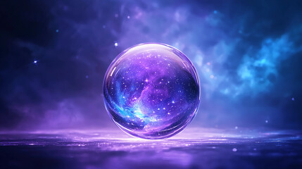 Fototapeta premium A glowing crystal sphere with a cosmic galaxy inside floats on a vibrant, mystical purple background.
