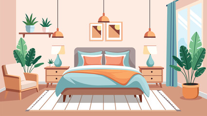 Bedroom interior flat color vector illustration. Cozy living room. Residential lifestyle. Double sized bed. Household room with furniture. Modern home 2D cartoon interior with furnishing on background