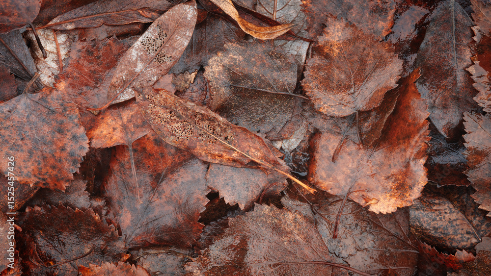Poster autumn brown wet leaves lie on the ground as a textured wide background for web banner template page