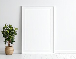 Minimalist Interior White Frame Mockup with Green Plant in Woven Basket