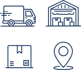 B2B shipping icons. Transport truck, delivery point, dockhouse, logistics warehouse professional icon collection
