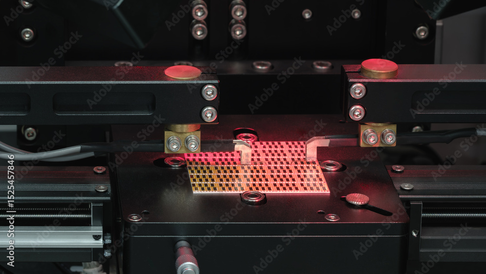 Poster microchip production and testing stand, electronic technology concept background.