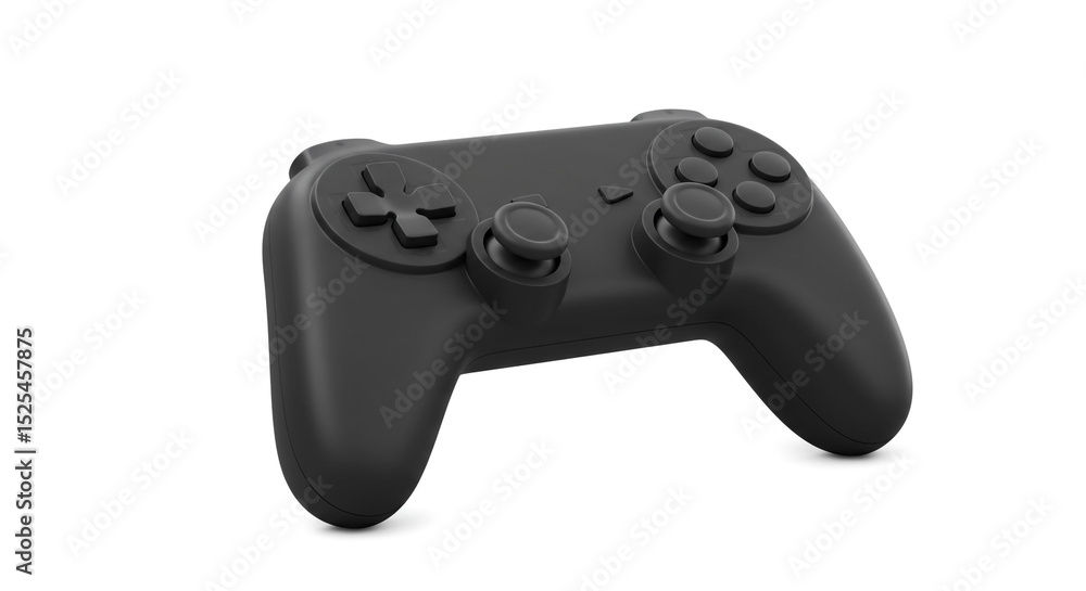 Poster a close up view of a matte black wireless game controller on a white background showing buttons and 