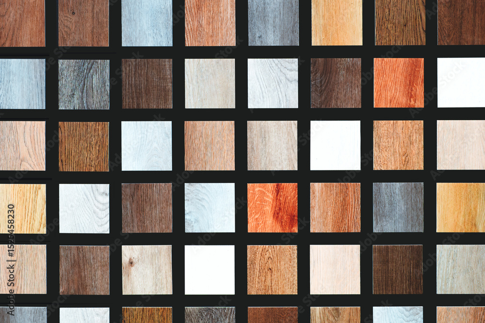 Aufkleber Various wood samples arranged in a grid. Samples of different types of wood showing their unique textures and colors. Wood texture background.