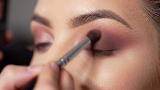 Applying eye makeup red brush : stepbystep eye shadow tutorial in closeup sequence