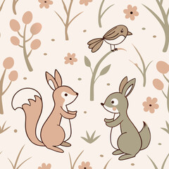 Cartoon animals interacting in a seamless floral pattern background  