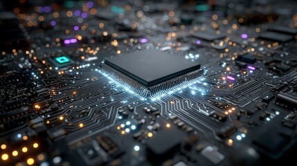 Fototapeta premium A close-up view of a microchip on an illuminated circuit board, showcasing intricate electronic components and glowing connections.