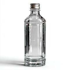 Transparent glass bottle with a metal cap, standing upright on a white background.