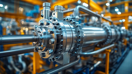 industrial compressor in production. Factory machine, energy, power equipment. Modern tech. Manufacturing system, engineering structure, mechanical parts, metal tubes, cylinder. Plant --chaos 35 --ar 