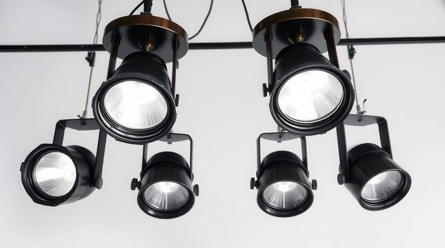 Track lighting system with adjustable spotlights for versatile illumination in modern spaces.