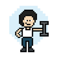 Obraz premium Cute pixel cartoon 8bit character man weight training b dumbbell lifestyle lifting gym decoration life style 8 bit male boy weight fitness isolated game 8bit PNG vector.
