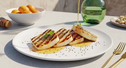 Grilled Halloumi Cheese with Honey Sesame Seeds Drizzle