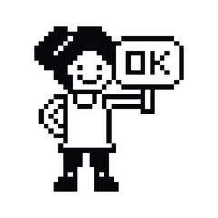 Fototapeta premium Cute pixel cartoon character woman girl chat feedback Ok accept okay decoration 8 bit female lady woman good accept OK okay pixel game png vector.